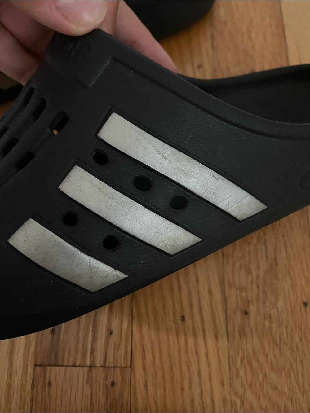 adidas Black Clog Sandals with Silver Stripes - Picture 5 of 7